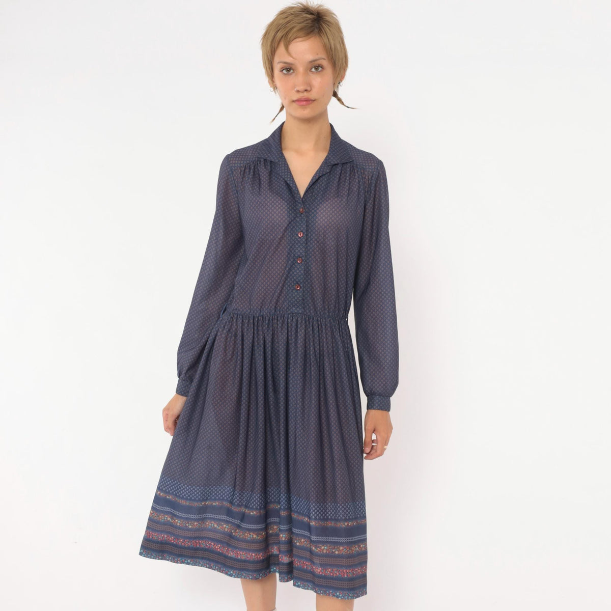 70s Navy Diamond Print Drop Waist Dress Collared Button Front Medium