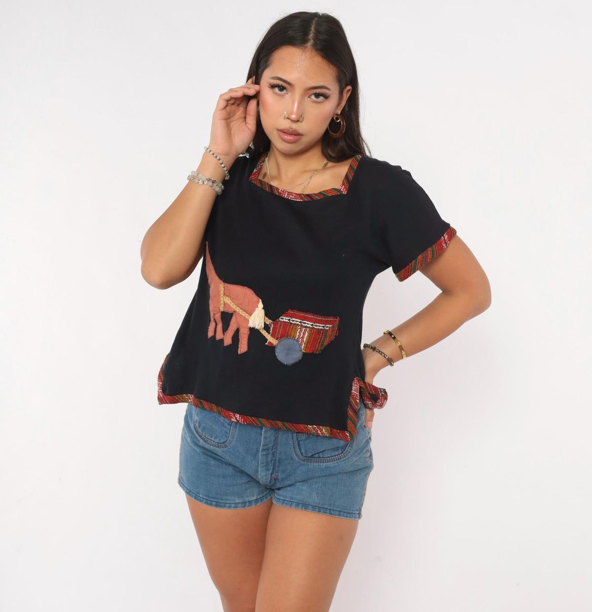 Y2K Black Cotton Horse Appliqué Top Square Neck Woven Trim Medium M