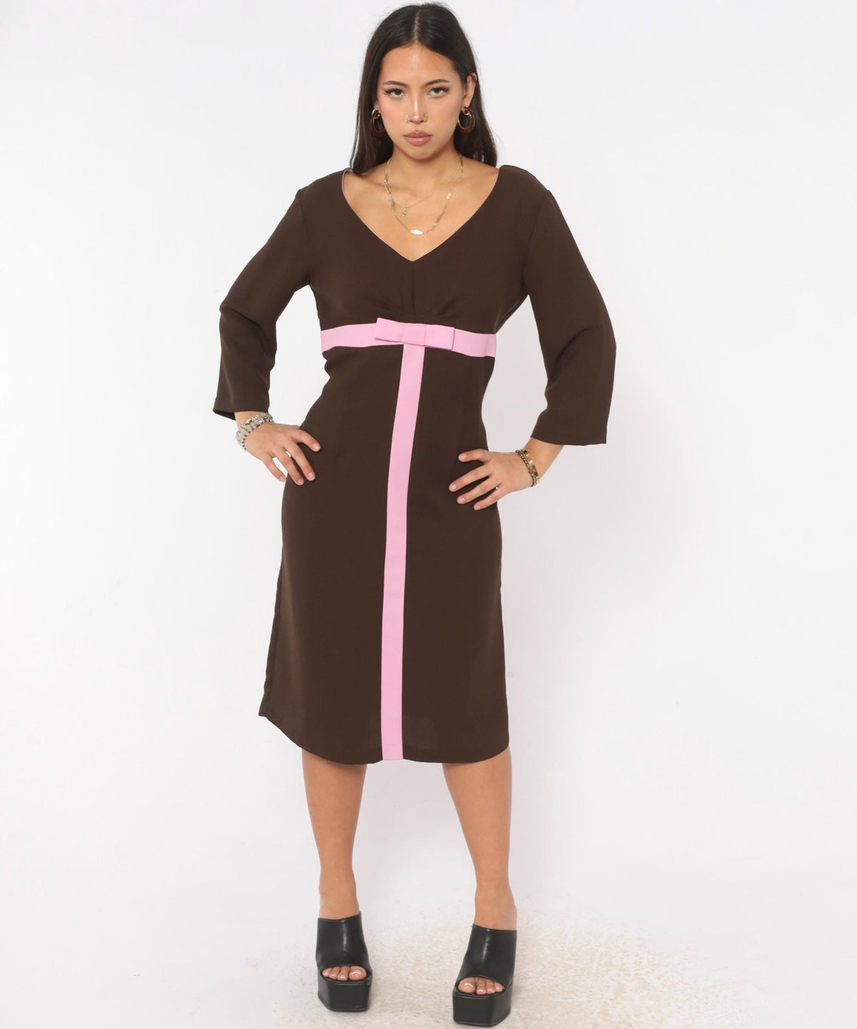 Y2K Robbie Bee Brown Midi Dress Pink Bow Belt V-Neck Empire Waist Large L