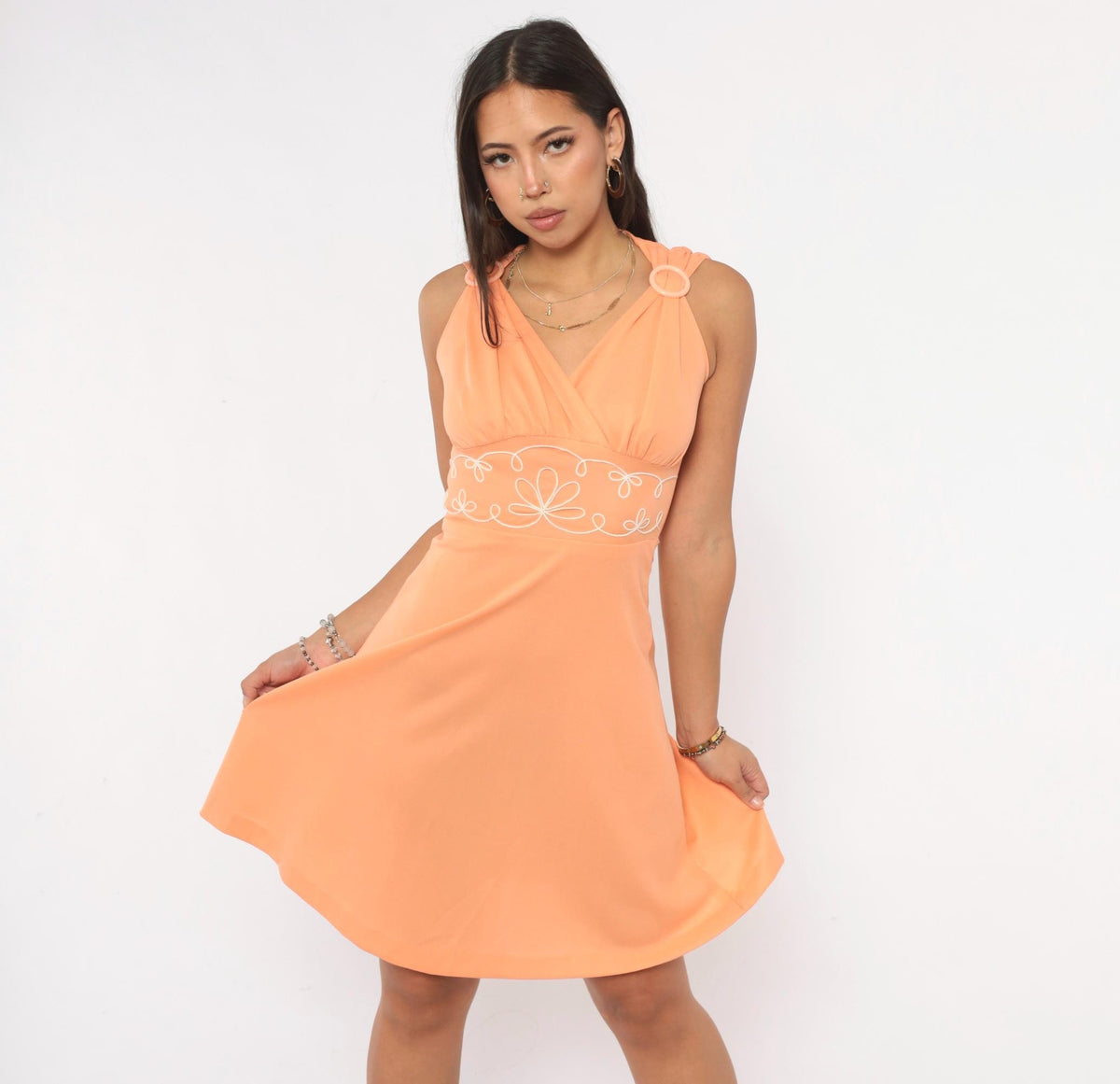 70s Peach Empire Waist Mini Dress Embroidered V Neck Sleeveless XS