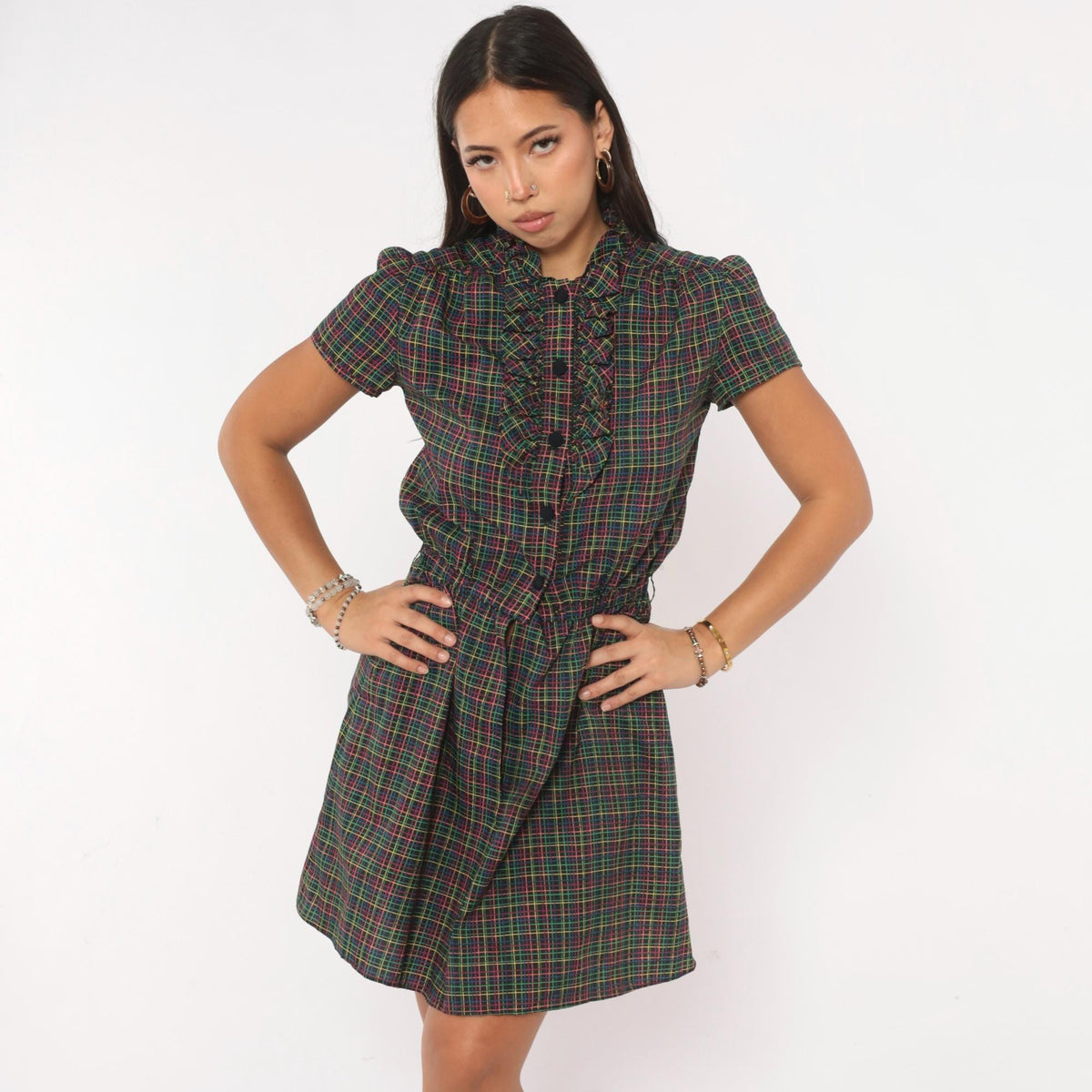 70s Plaid Dress Black Pink Green Yellow Check Ruffle Mock Neck Puff Sleeve Small