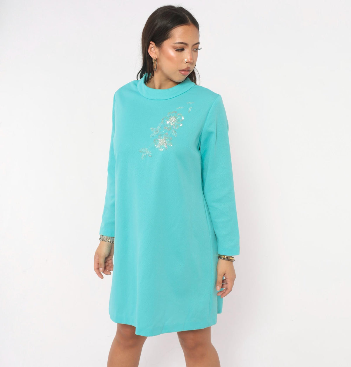 70s Teal Shift Dress Beaded Sequin Floral Mock Neck Long Sleeve A-Line Plus Size Extra Large