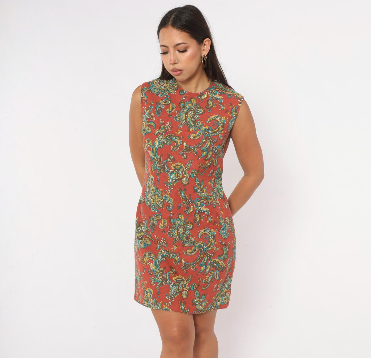 60s John Abbott Paisley Shift Dress Rust Red Knee-Length A-Line Small