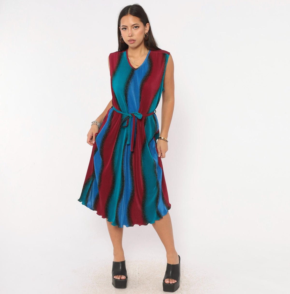 90s Plisse Pleated Ombre Dress Cobalt Blue Burgundy Sleeveless Large
