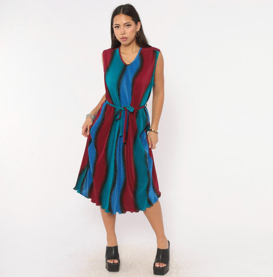 90s Plisse Pleated Ombre Dress Cobalt Blue Burgundy Sleeveless Large