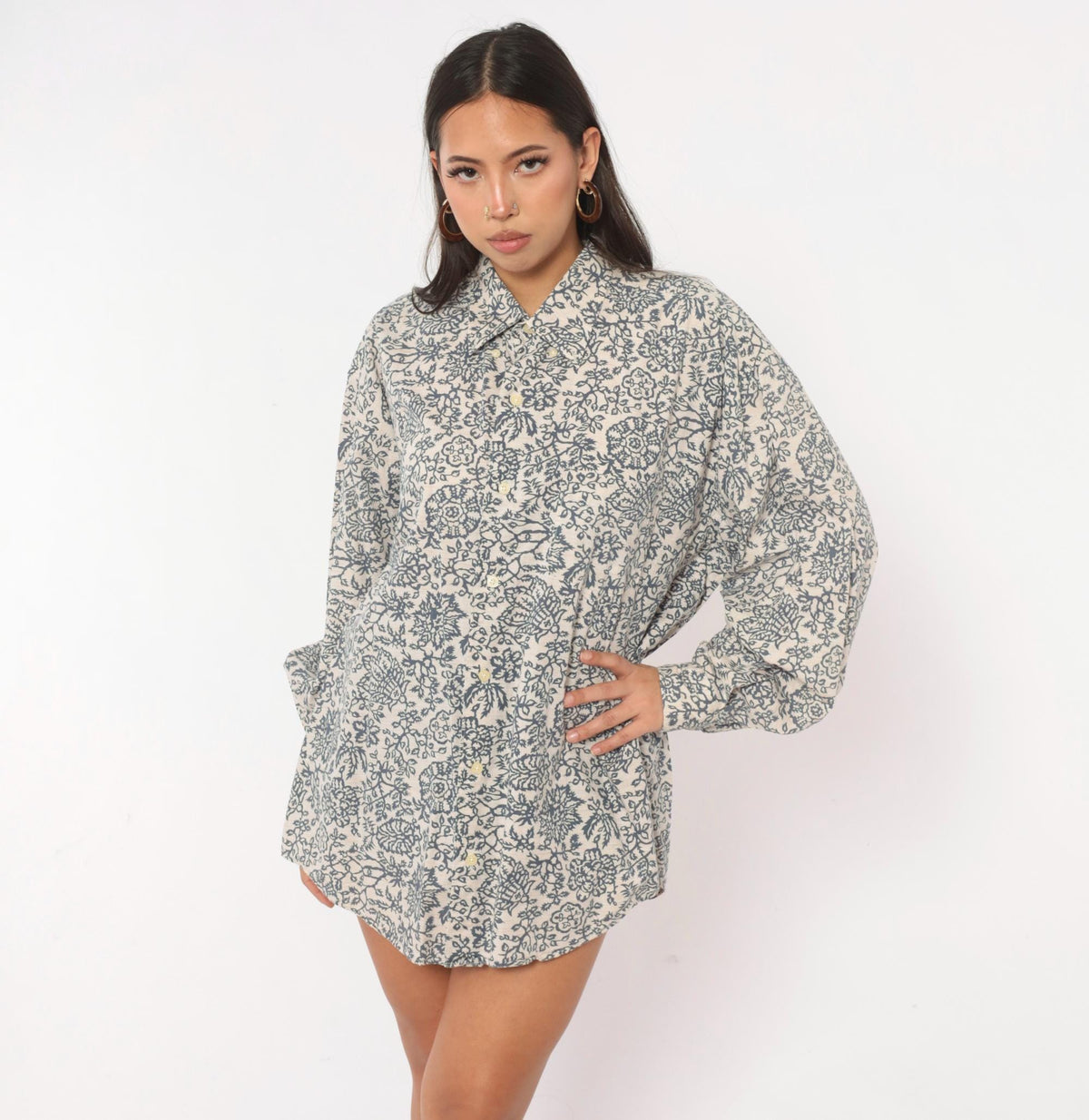 90s Banana Republic Floral Print Cotton Shirt Cream Navy Button Front Extra Large