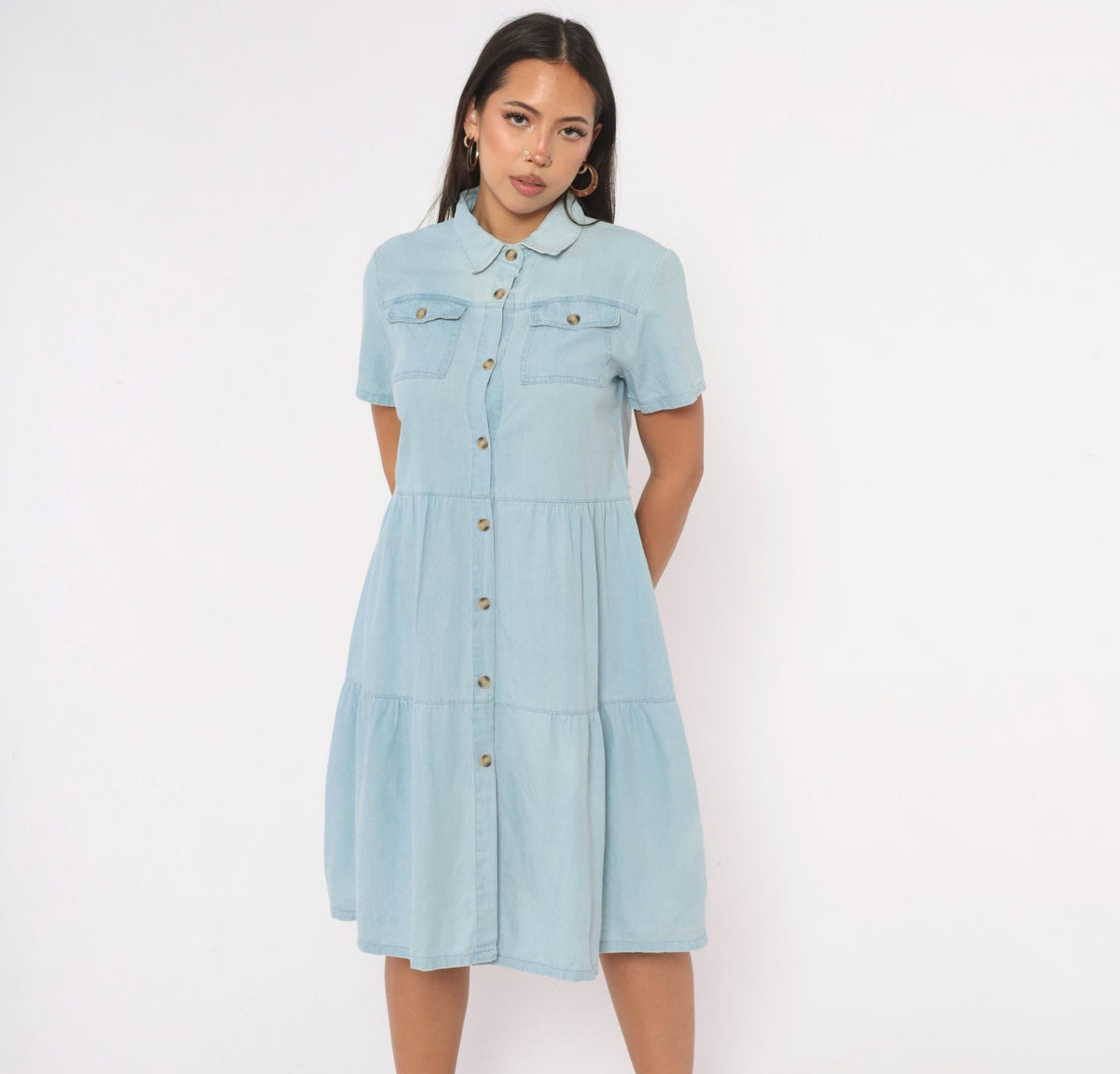 90s Light Blue Chambray Denim Shirt Dress Tiered Knee-Length Cotton Small S