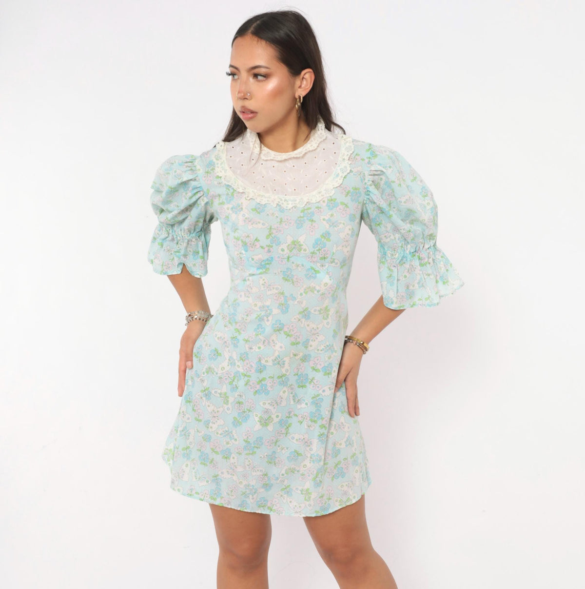 70s Light Blue Butterfly Print Cotton Dress Puff Sleeve Eyelet Lace Yoke Small