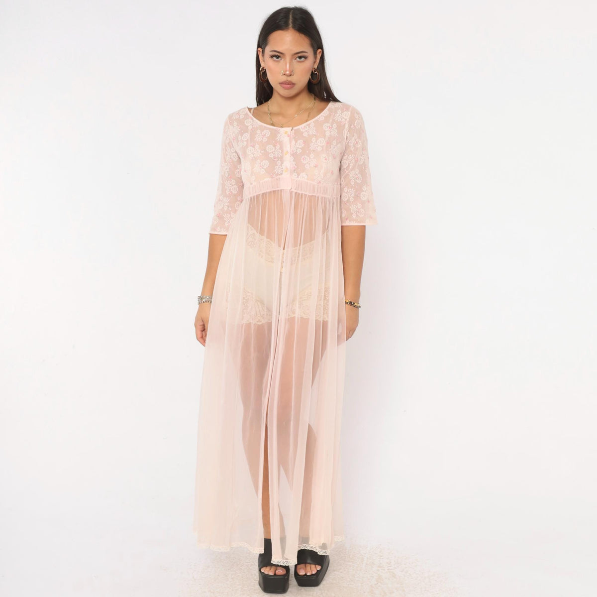 70s Miss Elaine Pink Sheer Peignoir Maxi Robe Lace Embroidered Extra Small