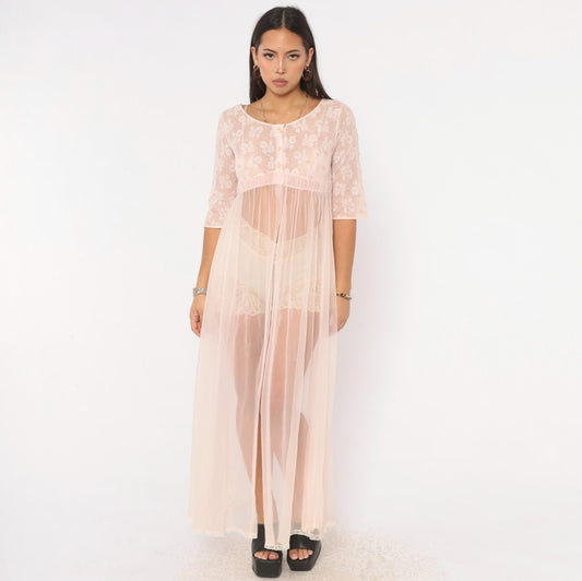 70s Miss Elaine Pink Sheer Peignoir Maxi Robe Lace Embroidered Extra Small