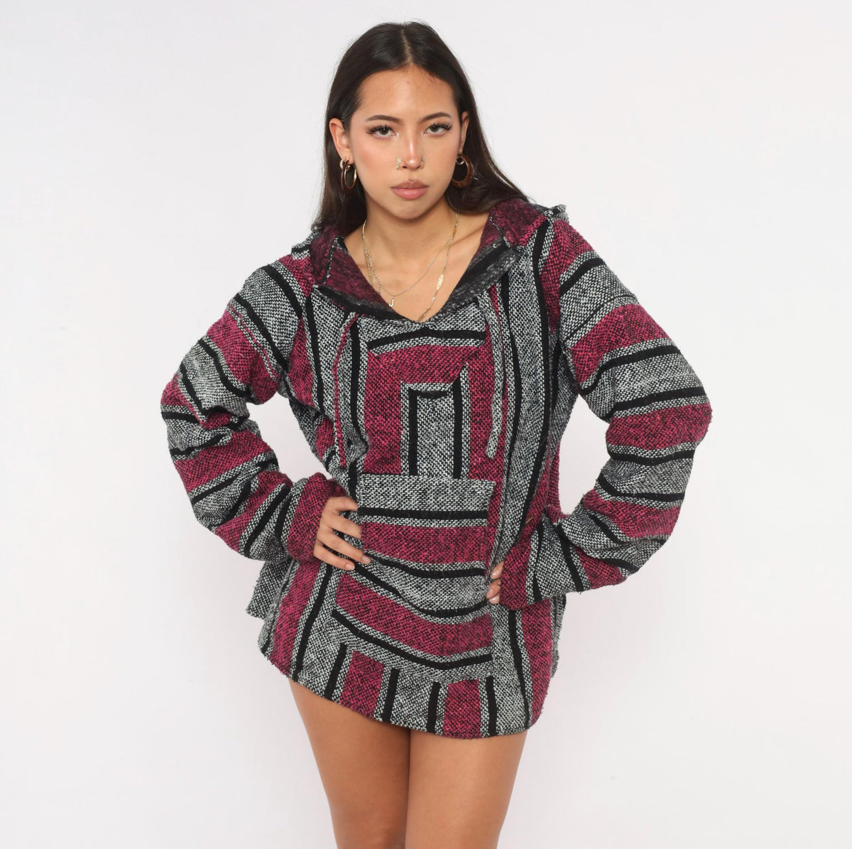 90s Baja Hoodie Pink Black Grey Striped Woven Pullover Large L