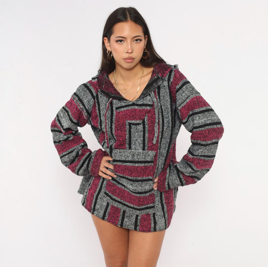 90s Baja Hoodie Pink Black Grey Striped Woven Pullover Large L