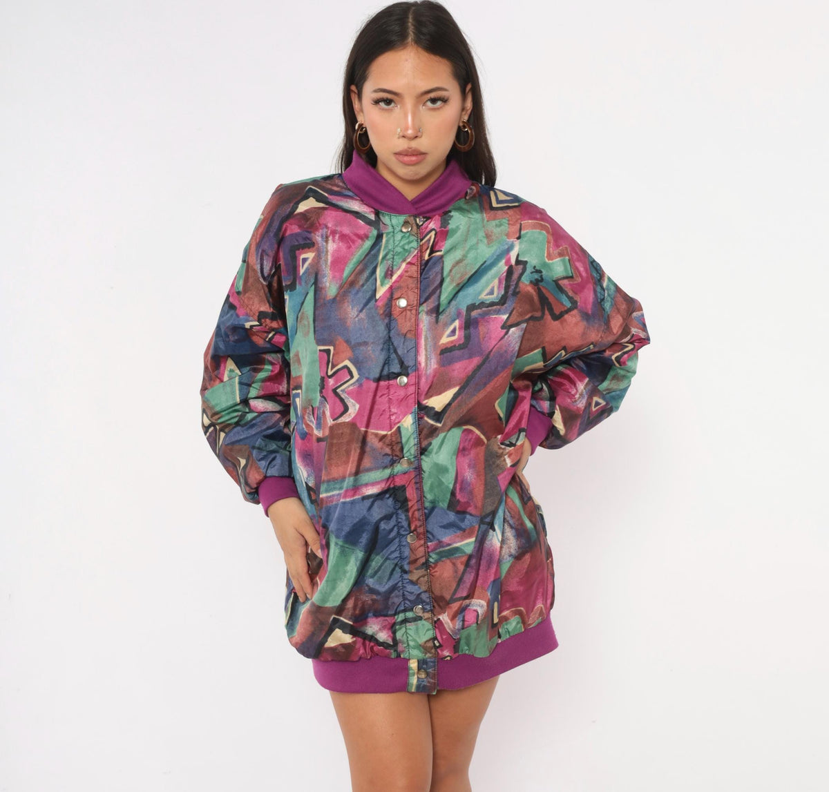80s Abstract Reversible Bomber Jacket Purple Green Geometric Snap Front Medium