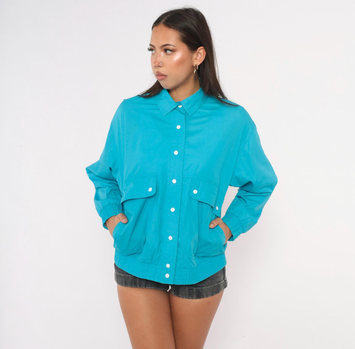 80s Koret Petites Teal Bomber Jacket Snap Front Pointed Collar Small S
