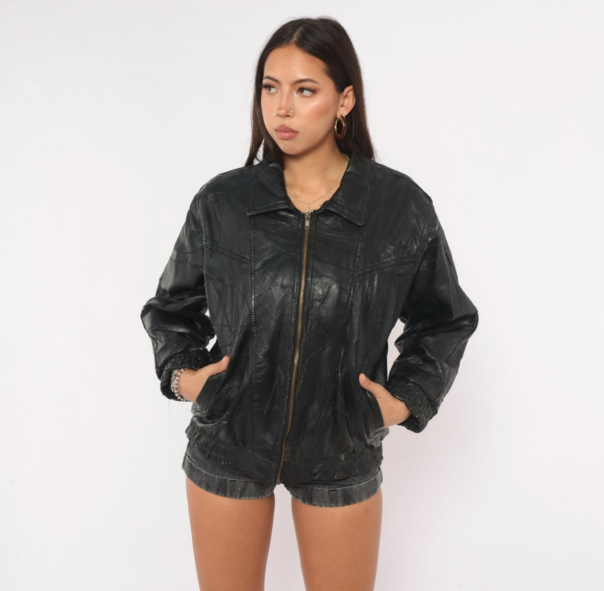 90s Italian Stone Design Black Leather Patchwork Bomber Jacket Small S