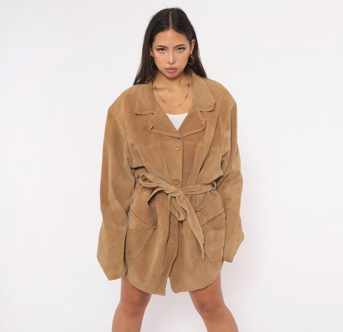 00s Concepts Tan Suede Jacket Belted Button Front Notched Collar Plus Size 3X