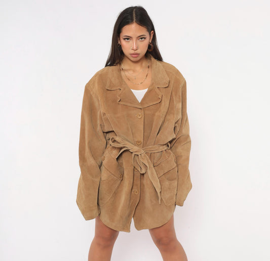 00s Concepts Tan Suede Jacket Belted Button Front Notched Collar Plus Size 3X