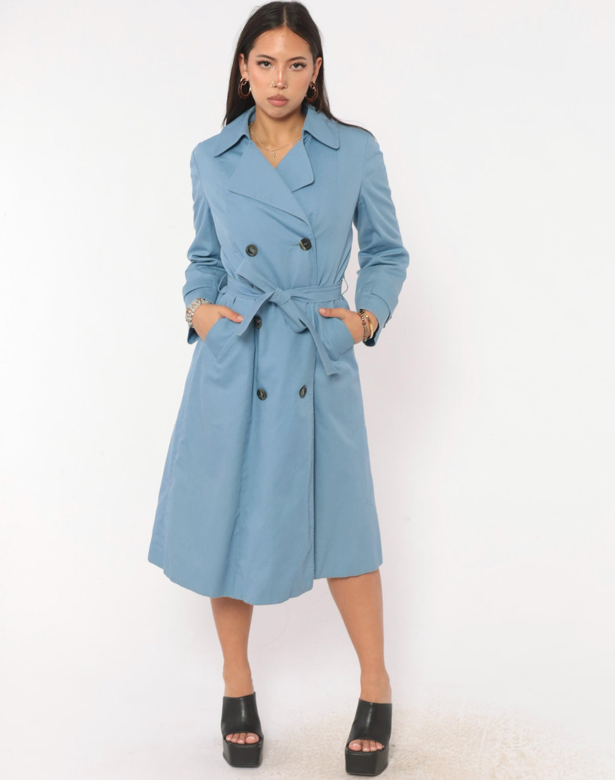 70s Aquascutum Light Blue Trench Coat Double Breasted Cotton Small