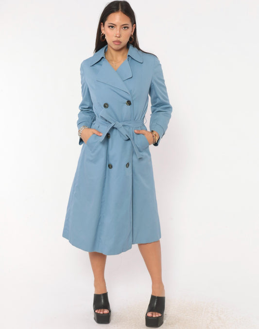 70s Aquascutum Light Blue Trench Coat Double Breasted Cotton Small