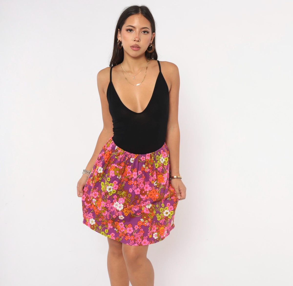 70s Floral Mini Skirt Purple Pink A-Line Gathered Waist Cotton Small