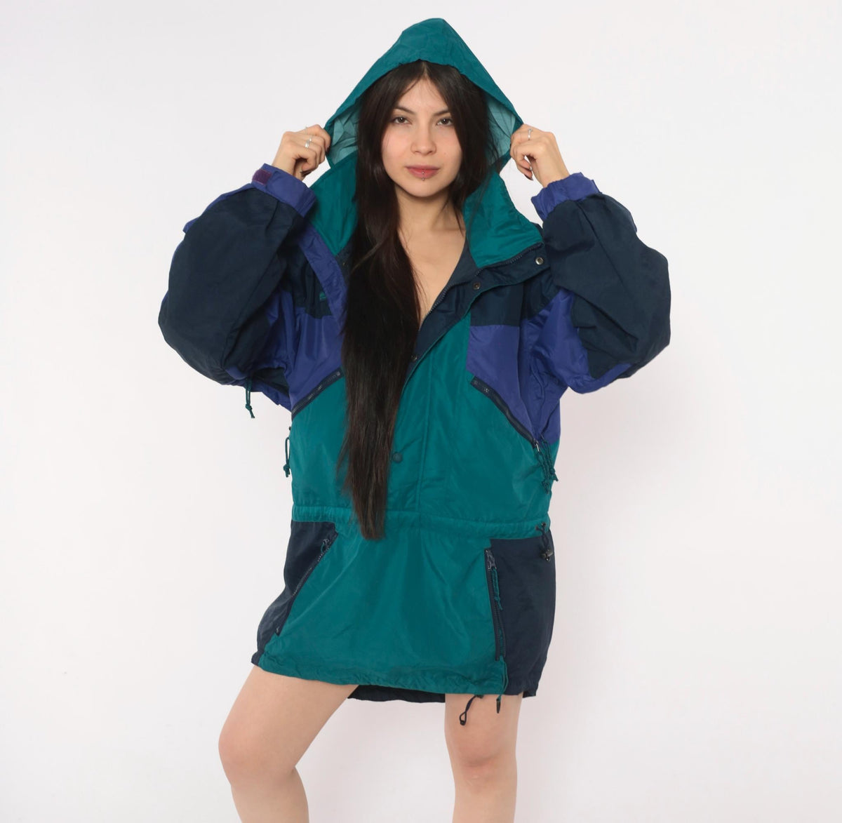 90s Columbia Anorak Navy Teal Purple Color Block Windbreaker Half Zip Small