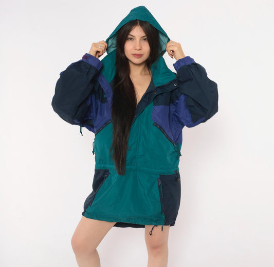 90s Columbia Anorak Navy Teal Purple Color Block Windbreaker Half Zip Small