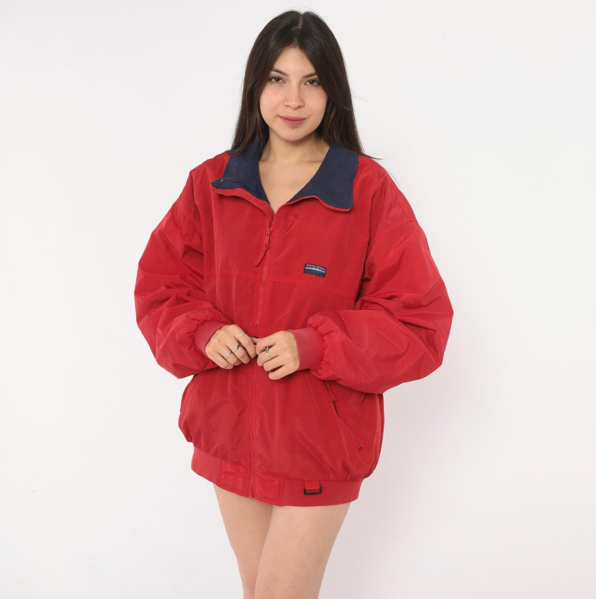 90s White Sierra Red Bomber Jacket Navy Fleece Lined Windbreaker Large L