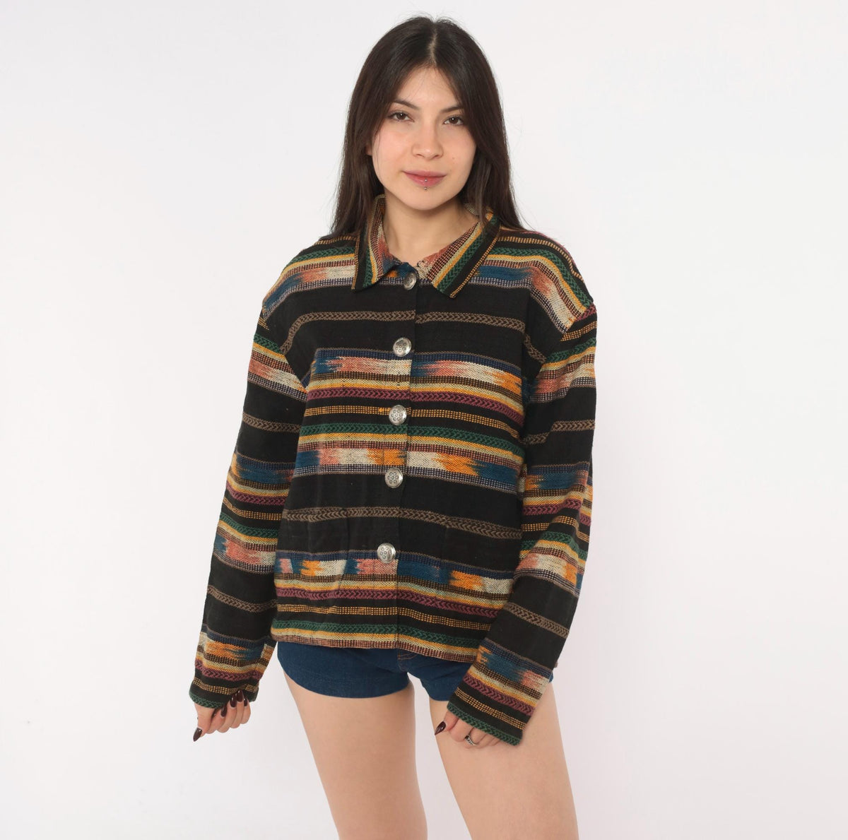 90s TanTrums Southwestern Woven Jacket Black Tapestry Concho Button Medium