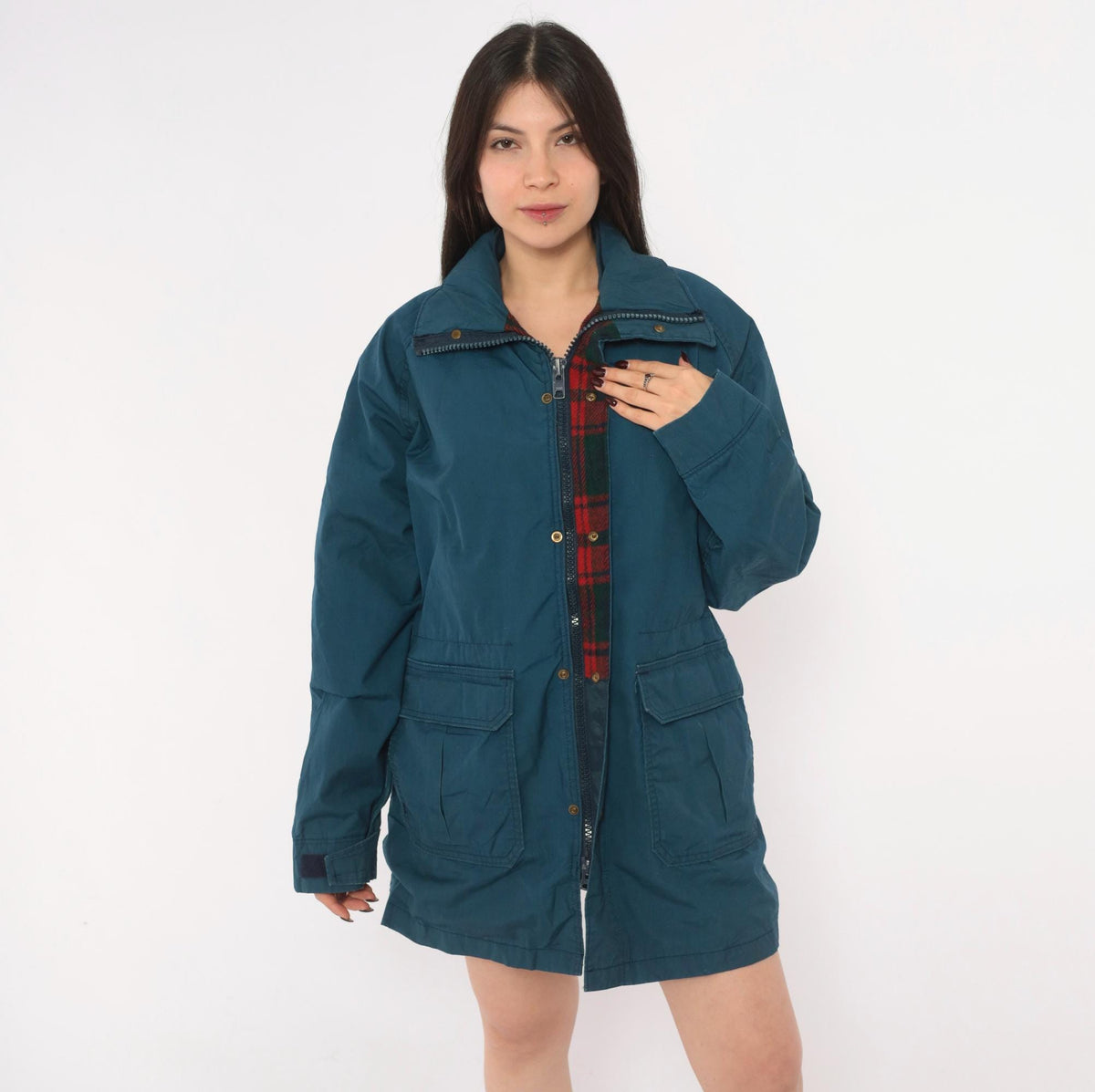 80s Woolrich Navy Barn Jacket Plaid Flannel Lined Raglan Medium