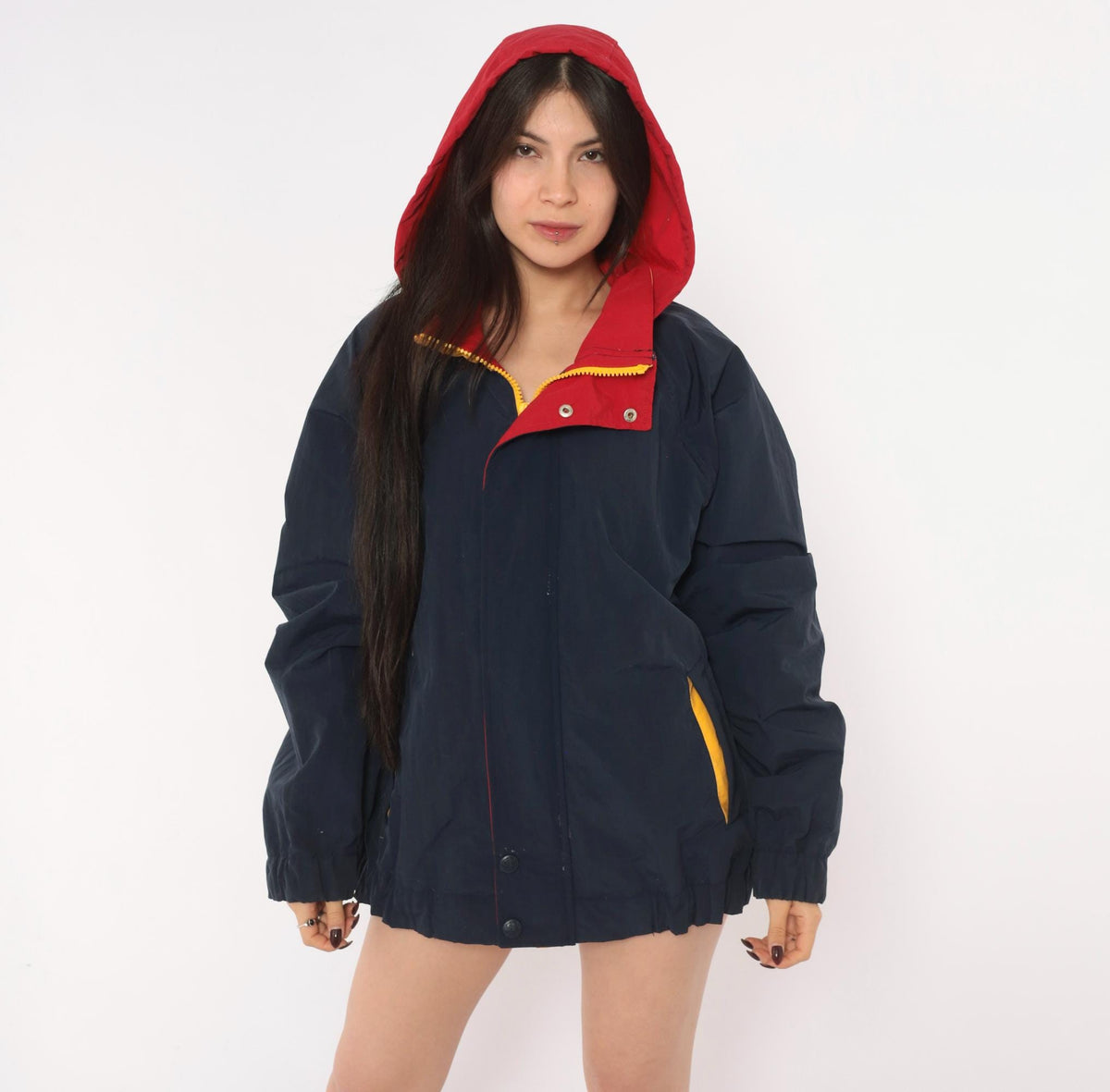90s Croft & Barrow Navy Windbreaker Hooded Jacket Color Block Red Yellow Extra Large