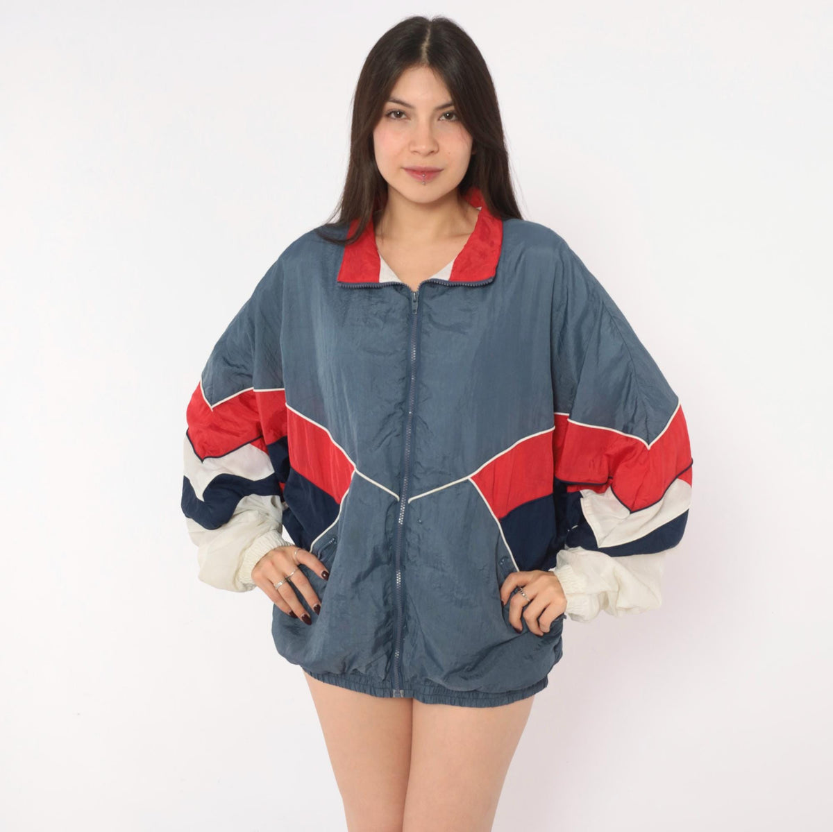 90s Avait Sportif Windbreaker Jacket Colour Block Chevron Blue Navy Cream Extra Large