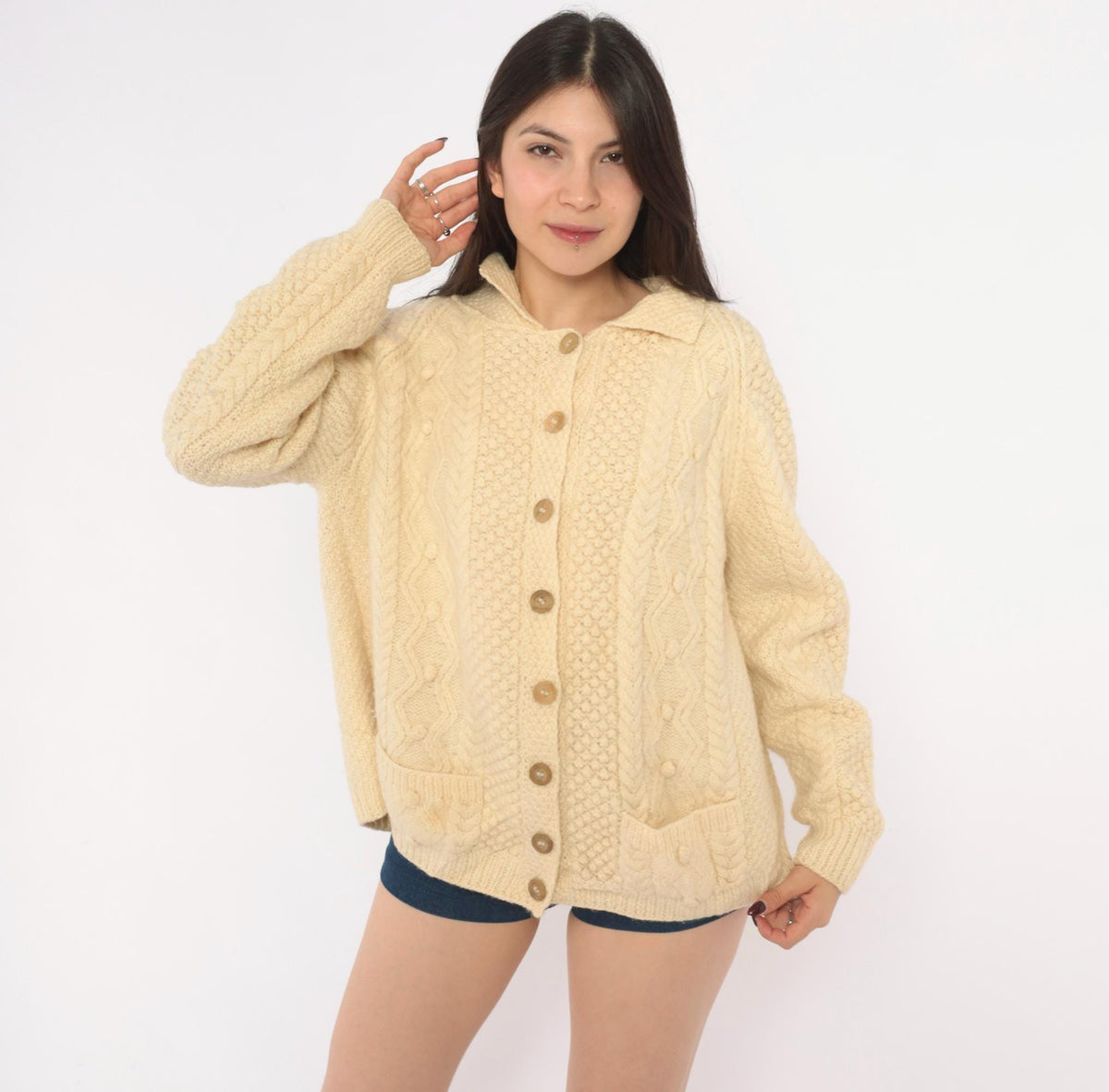 80s Cream Cable Knit Wool Cardigan Fisherman Collar Button Front Large L
