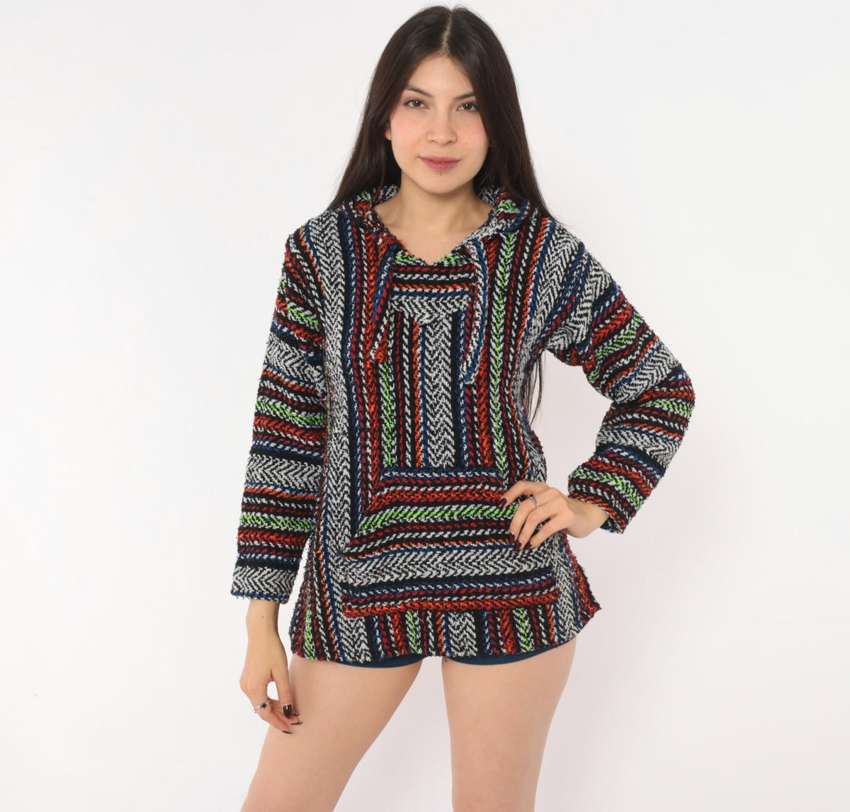90s Earth Ragz Baja Hoodie Black Rainbow Striped Woven Pullover Extra Small XS