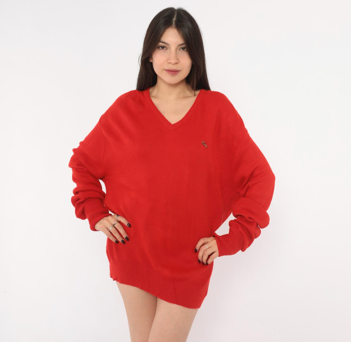80s Steeplechase Red V-Neck Sweater Embroidered Horse Equestrian Knit Large