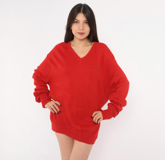 80s Steeplechase Red V-Neck Sweater Embroidered Horse Equestrian Knit Large