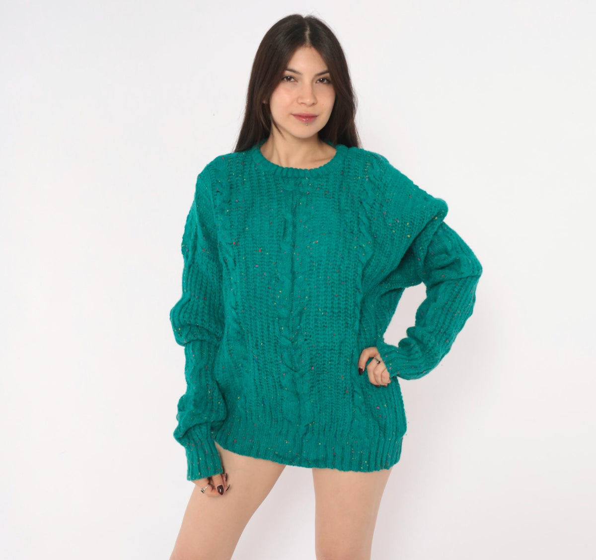 90s Cattivo Teal Cable Knit Wool Sweater Multicolor Speckled Crewneck Extra Large