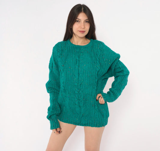90s Cattivo Teal Cable Knit Wool Sweater Multicolor Speckled Crewneck Extra Large