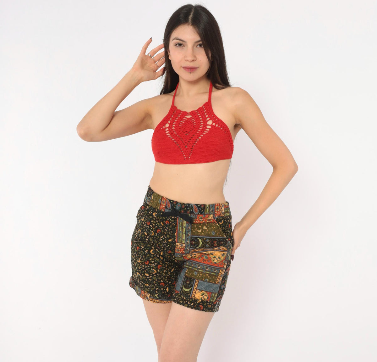 90s Patchwork Floral Shorts Black Paisley Quilted High Rise Small