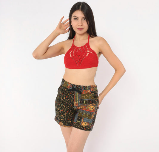 90s Patchwork Floral Shorts Black Paisley Quilted High Rise Small