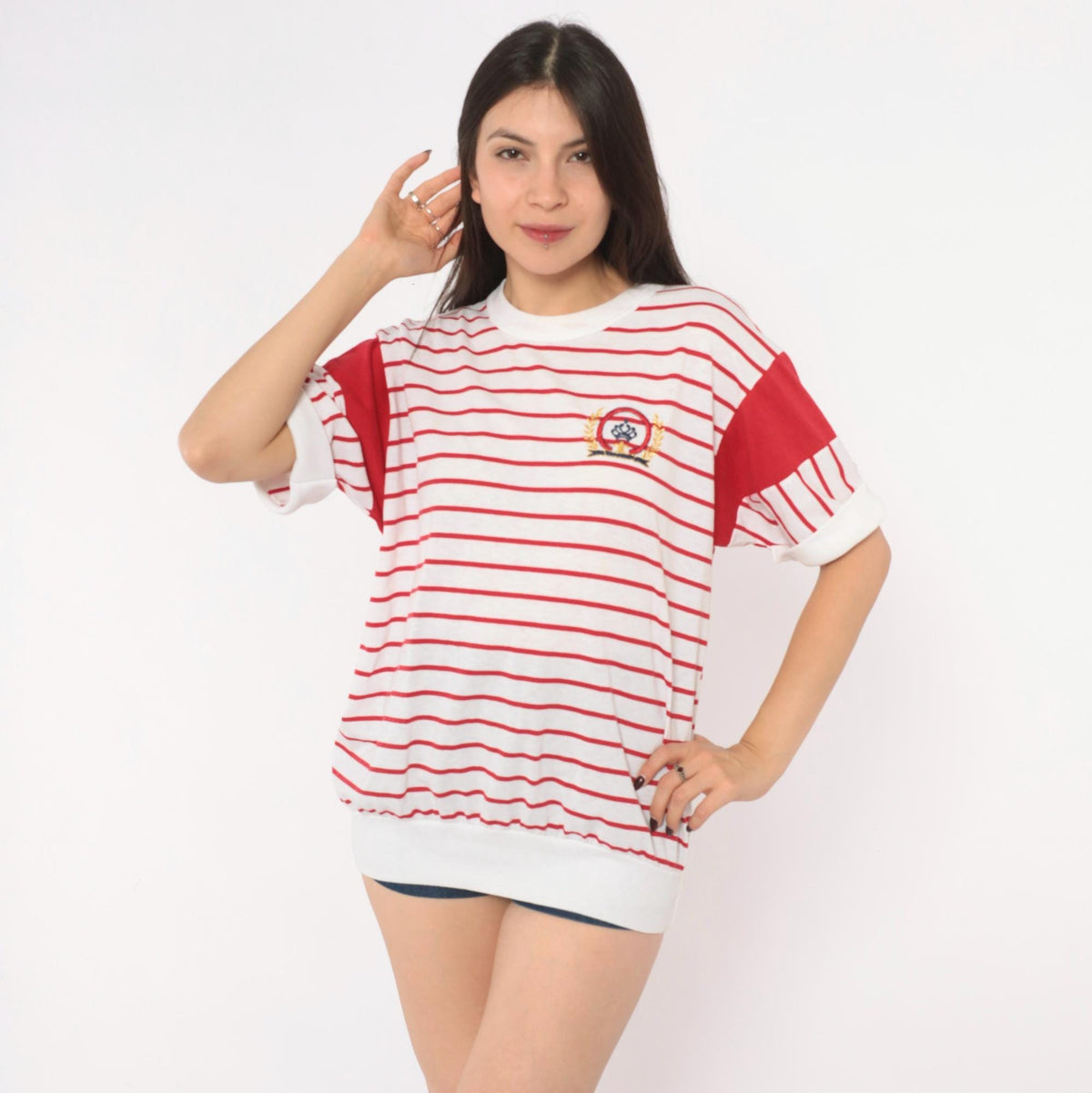 80s Golden Plaza Nautical Striped Tee Red White Embroidered Crest Large