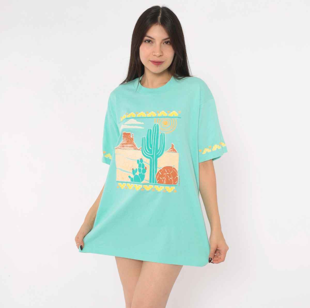 90s Screen Stars Desert Cactus Graphic Tee Seafoam Green Southwestern Extra Large XL