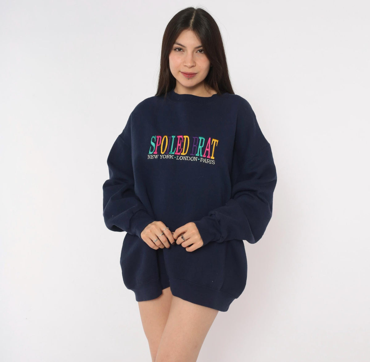 90s Spoiled Brat Navy Sweatshirt Embroidered Rainbow Text Extra Large XL