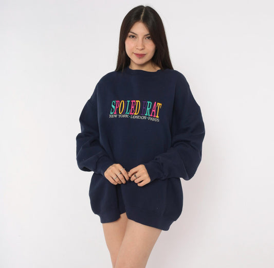90s Spoiled Brat Navy Sweatshirt Embroidered Rainbow Text Extra Large XL