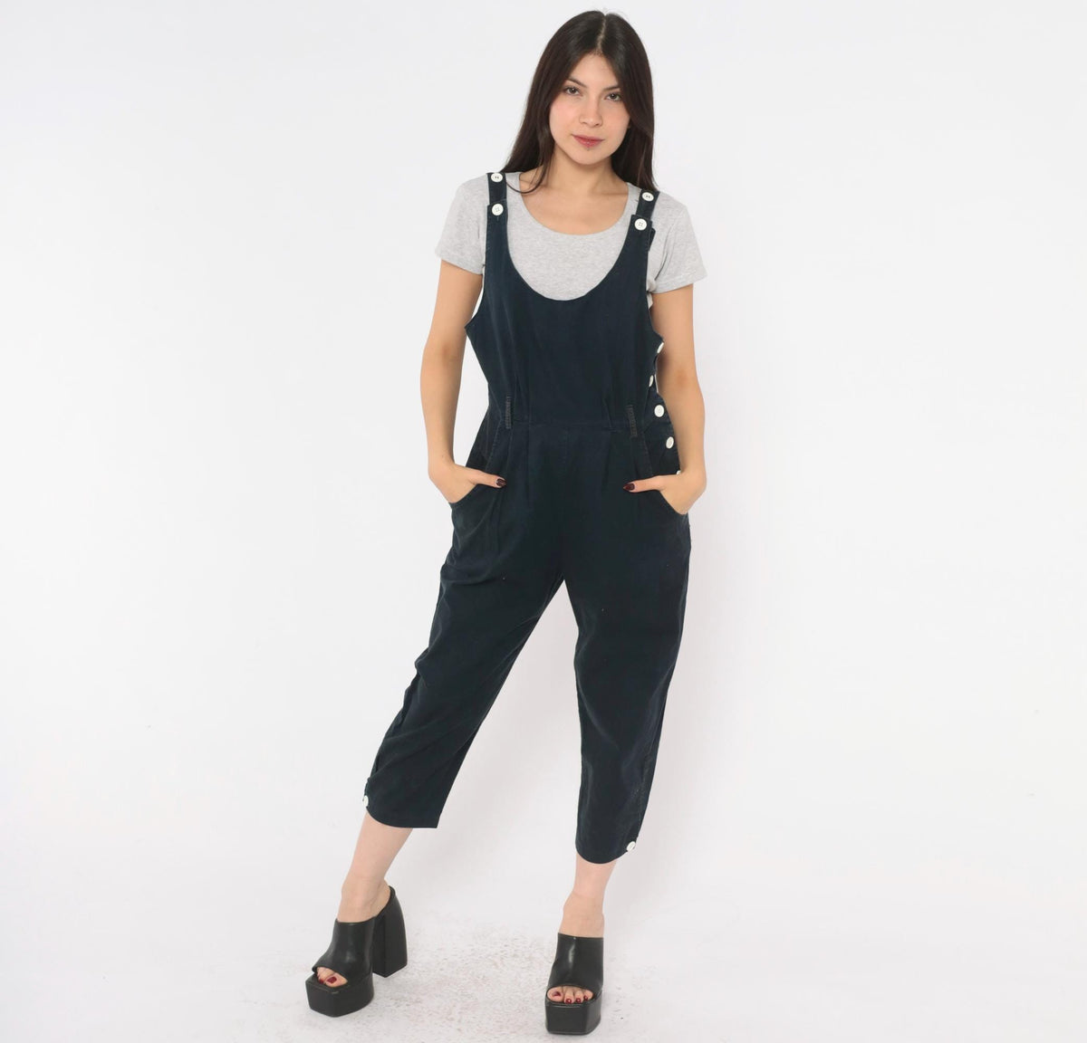90s Joni Blair Navy Cotton Overalls Cropped Tapered Leg Small S