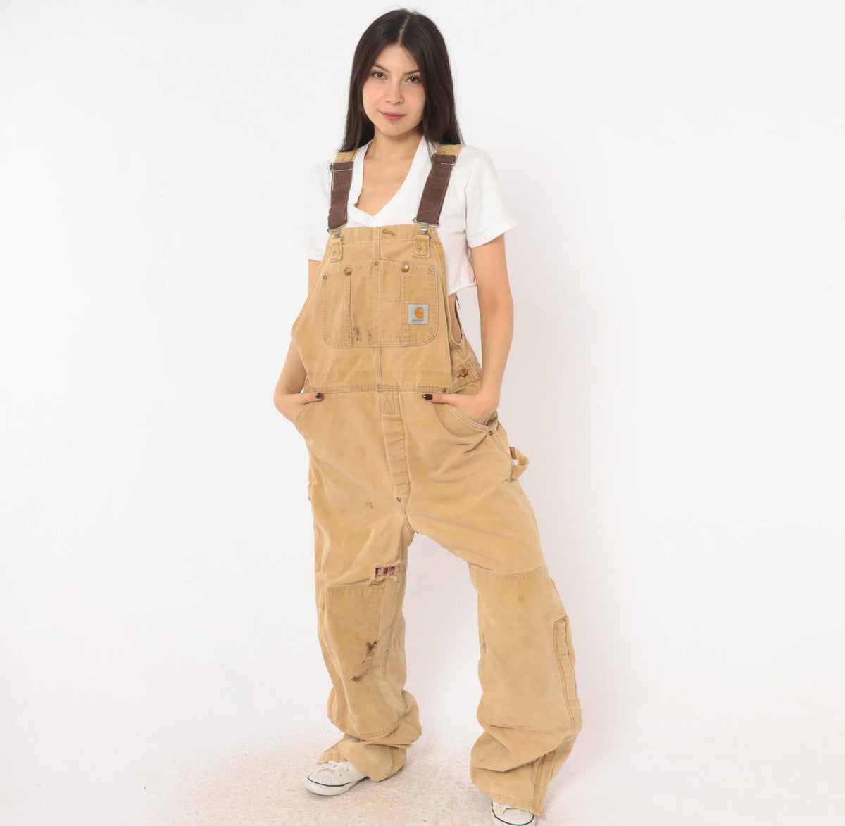 90s Carhartt Tan Duck Canvas Bib Overalls Distressed Workwear Small