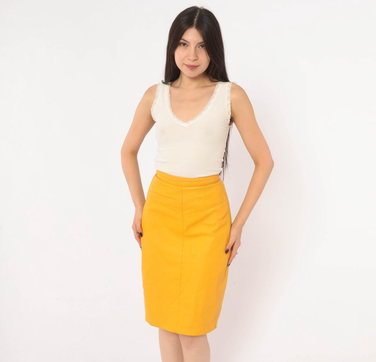 90s Forenza Mustard Yellow Leather Pencil Skirt High Waist Knee Length Extra Small XS
