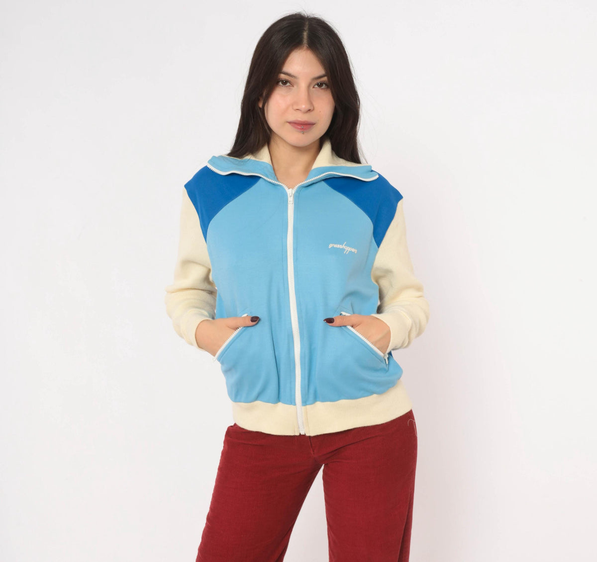 80s Grasshoppers Color Block Track Jacket Light Blue Cream Knit Small
