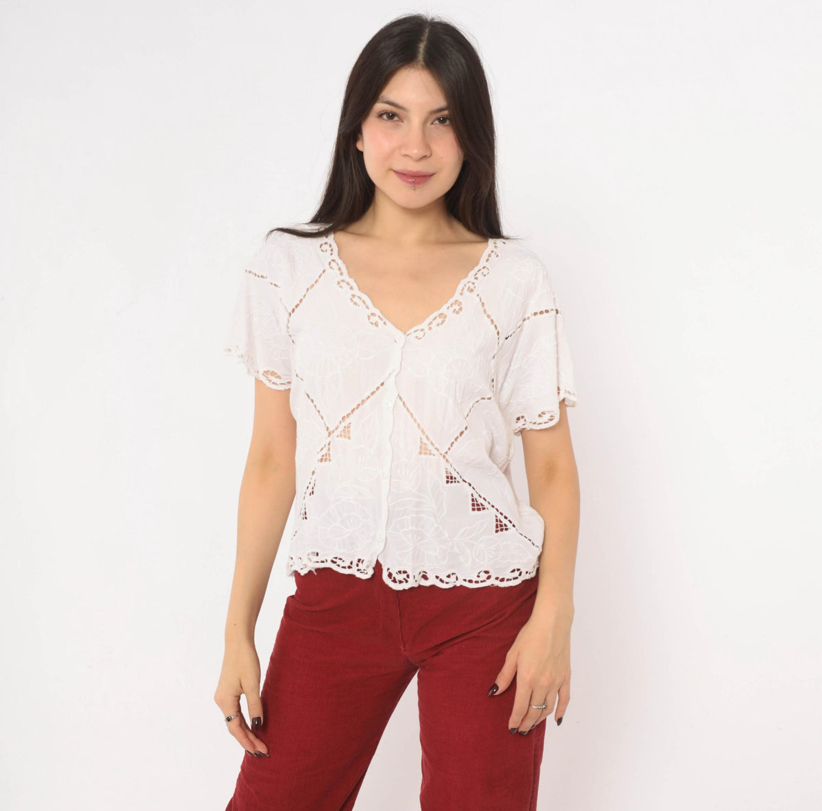 90s Hibis White Cutwork Eyelet Blouse Embroidered Floral Flutter Sleeve Large