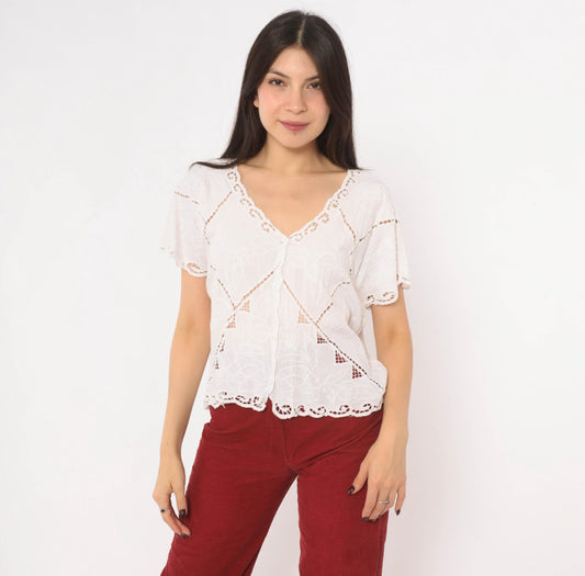 90s Hibis White Cutwork Eyelet Blouse Embroidered Floral Flutter Sleeve Large