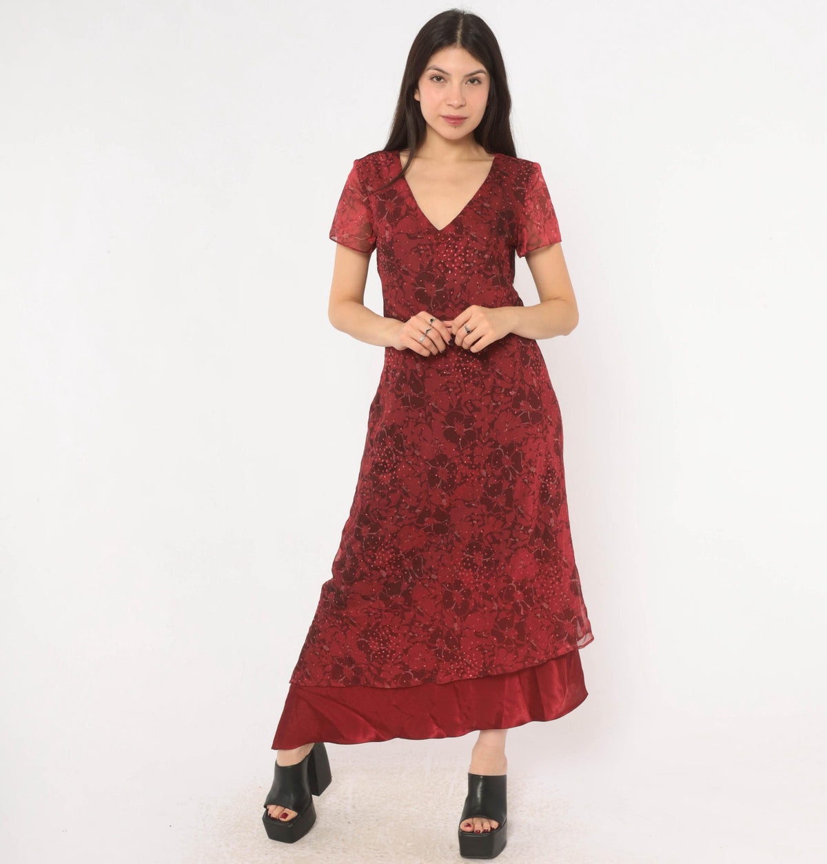 90s Burgundy Floral Midi Dress Positive Attitude Flutter Sleeve Wine Red Medium M